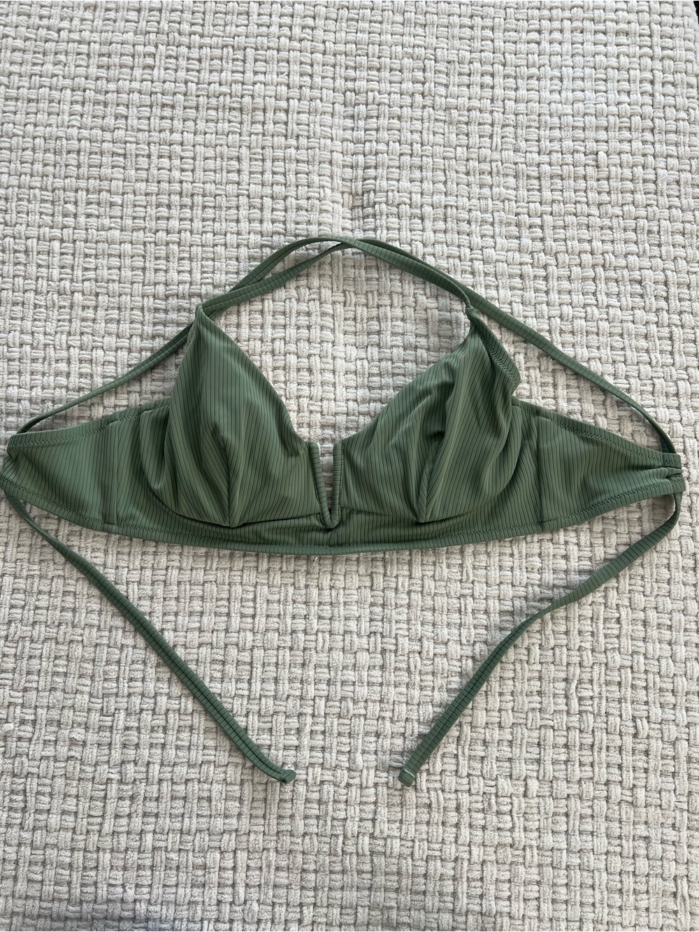 Shade & Shore Olive Green Ribbed V-Notch Halter Bikini Top